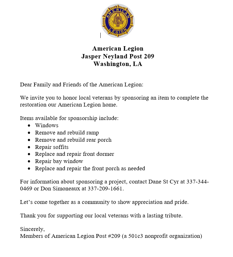 American Legion Sponsor oportunites