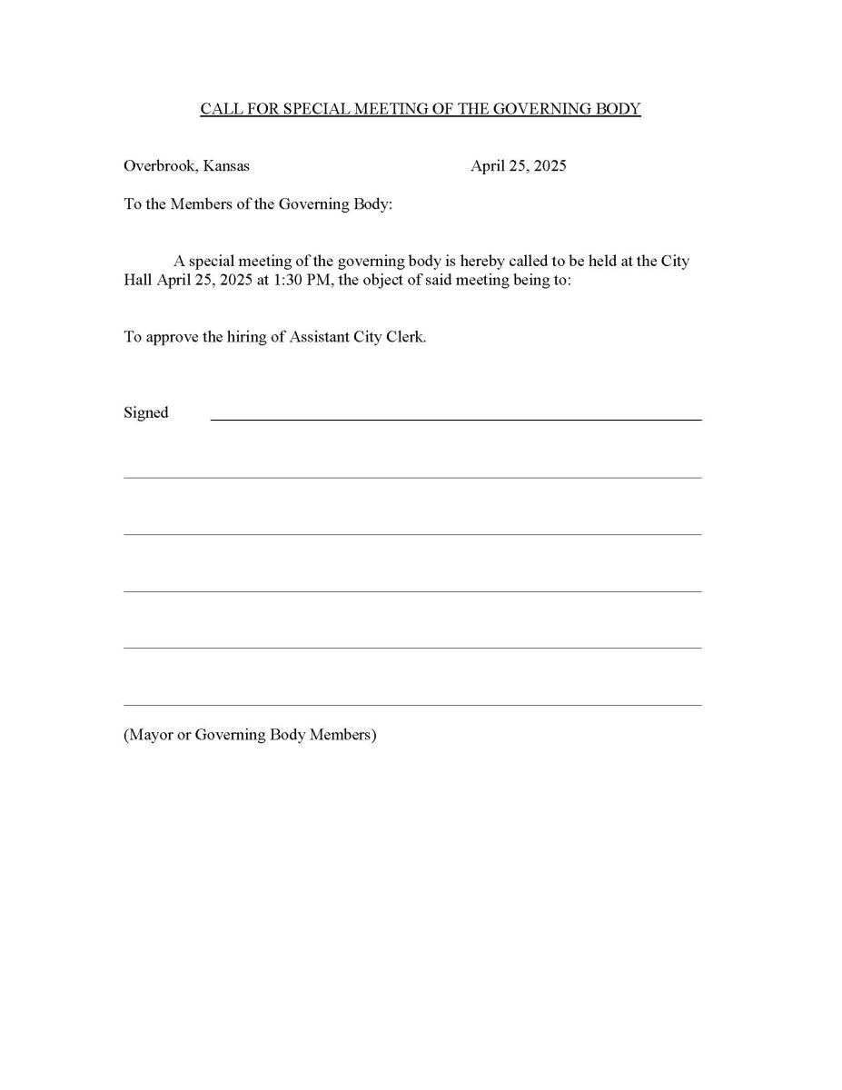 Call for special meeting in April to hire Assistant City Clerk