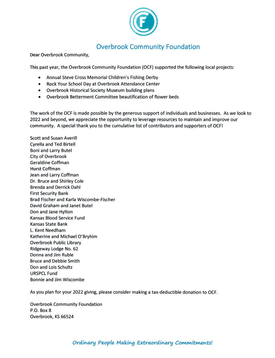 Letter from Overbrook Community foundation