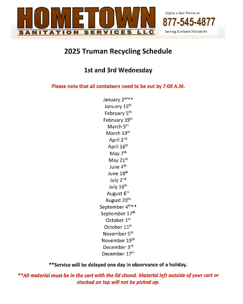 2025 City of Truman Recycling Schedule