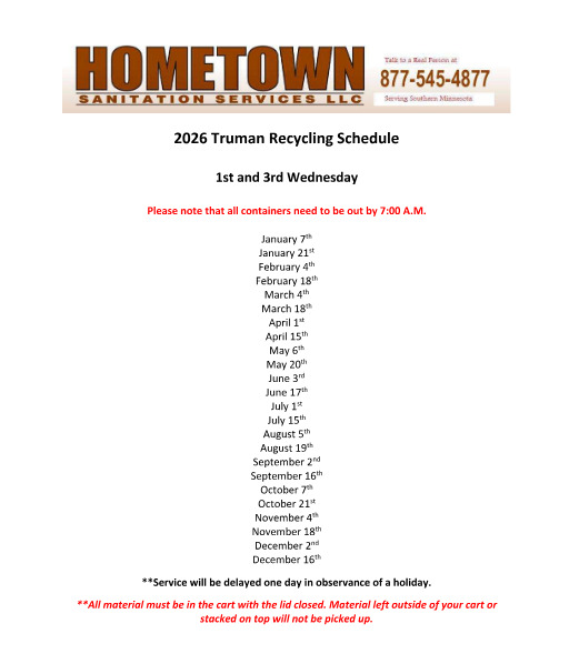 2026 Truman Recycling Schedule