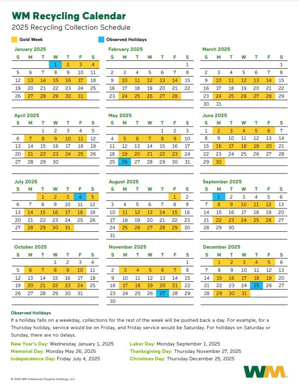 2025 Waste Management Calendar