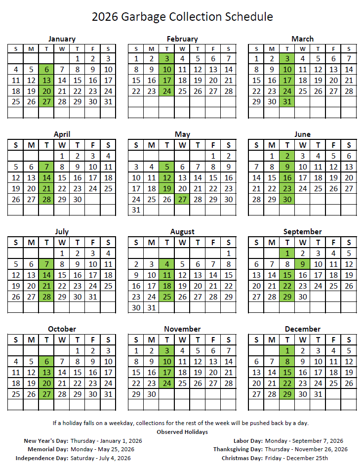 2026 Garbage Collection Calendar