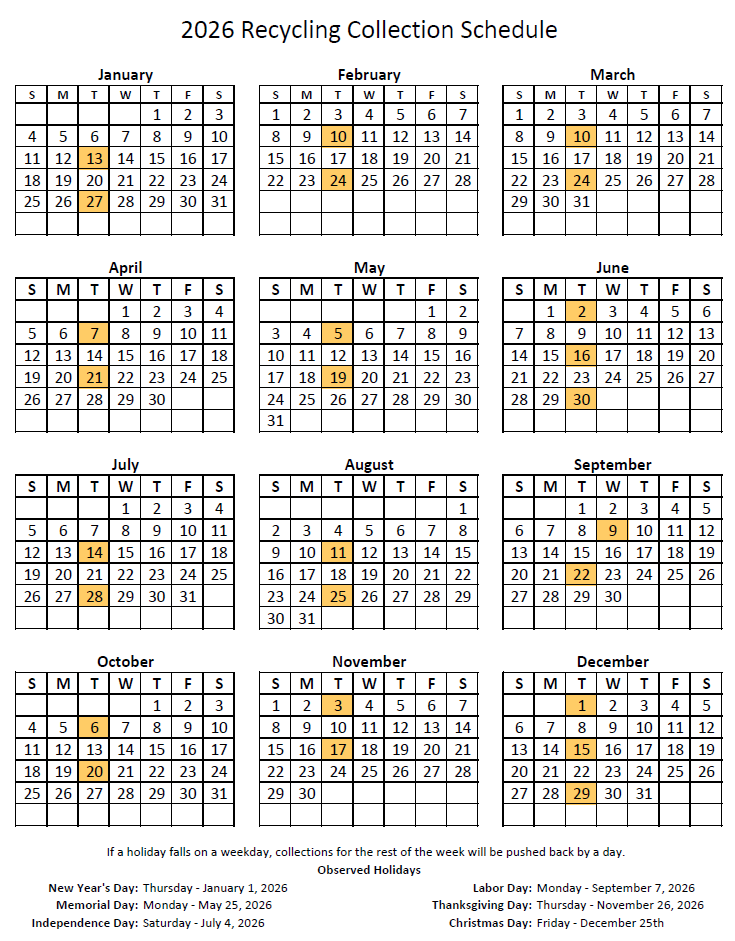 2026 Recycling Pick Up Calendar