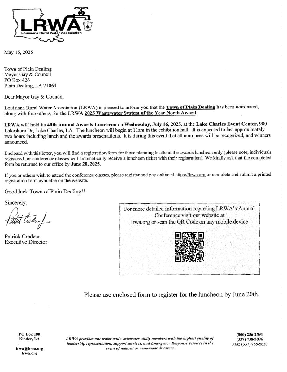Image of 1 page letter from LRWA for Award
