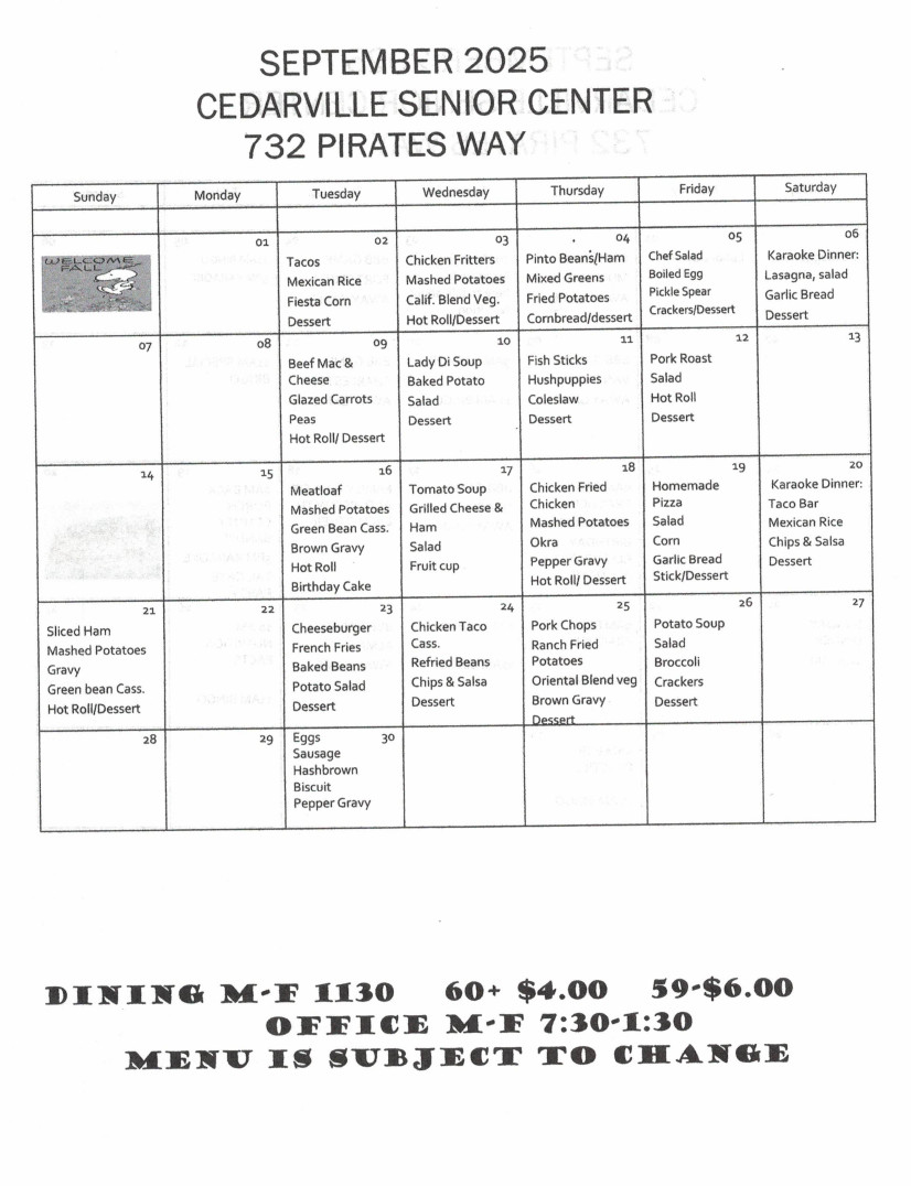 September 2025 Senior Center Menu