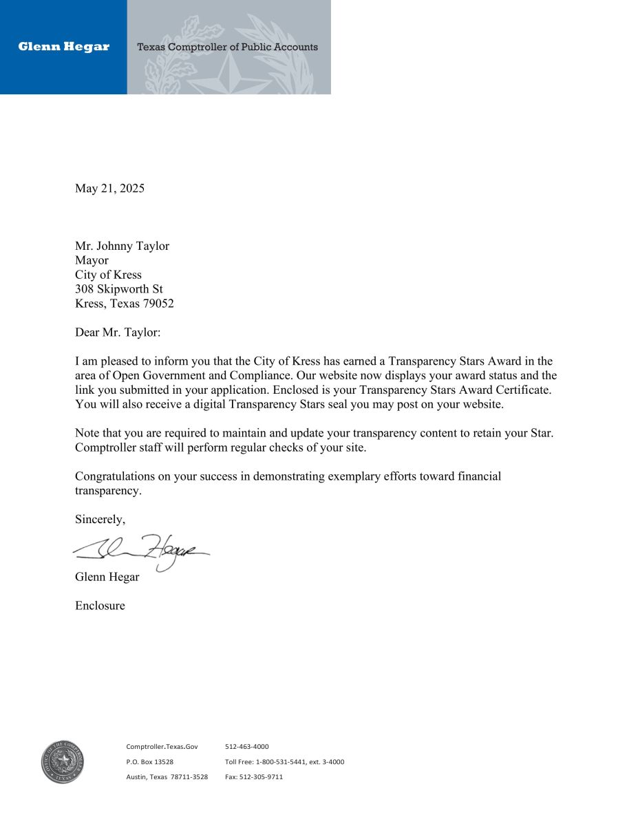 Letter to City of Kress Open Government Transparency Star Award