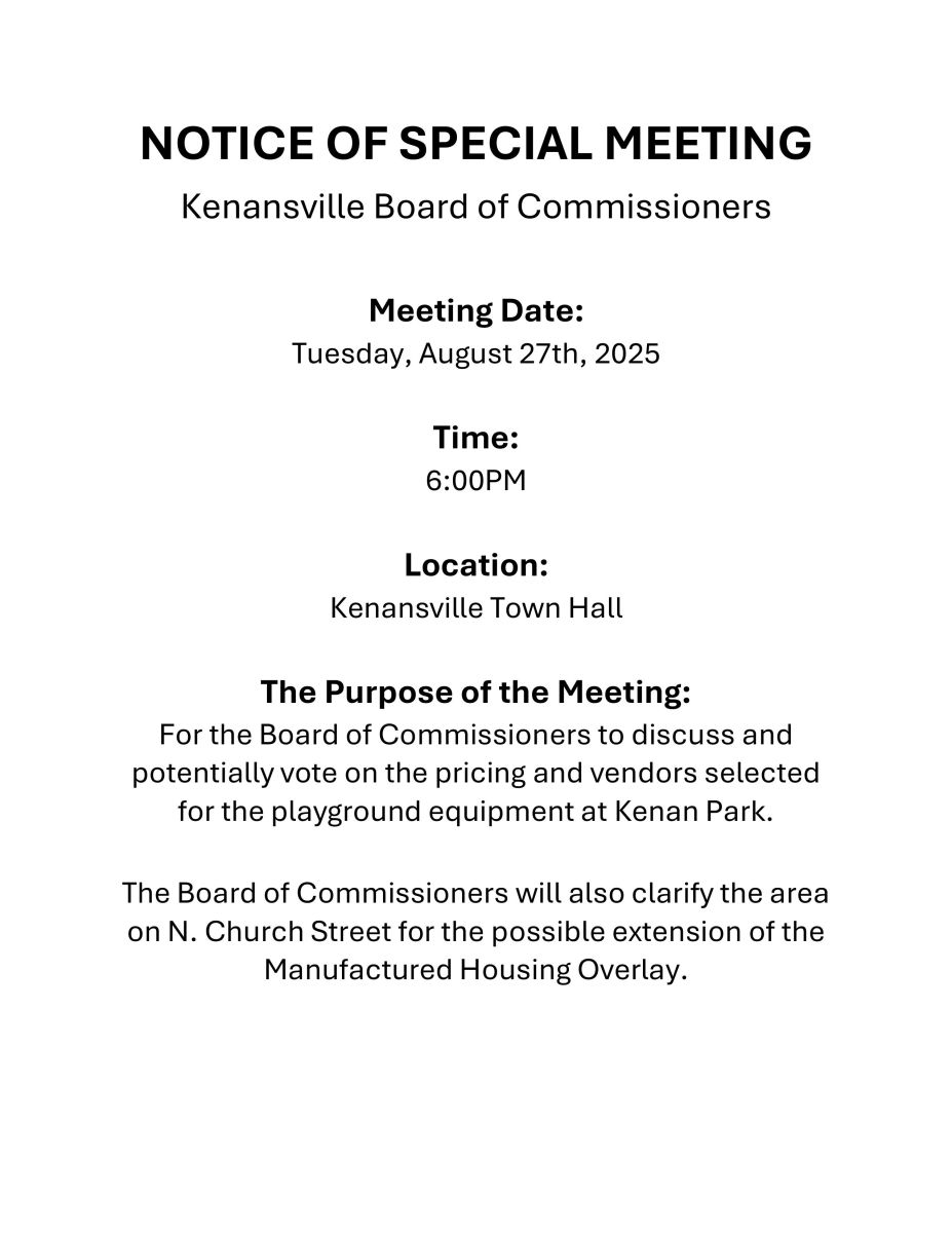 Special Meeting Notice for Kenansville Board of Commissioners on August 27th, at the Kenansville Town Hall at 6PM