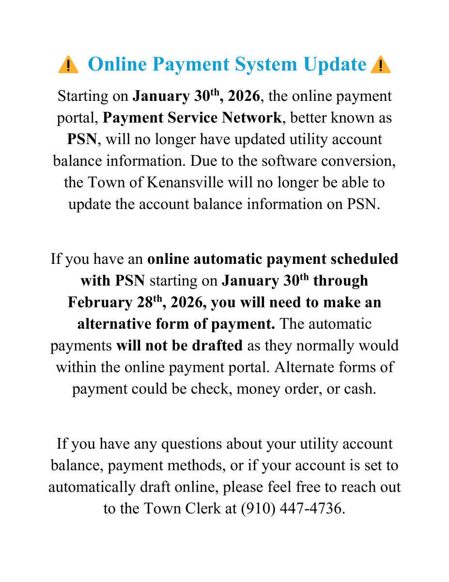 Online Payment System Update for the Town of Kenansville Utility Billing System due to the Software Conversion 