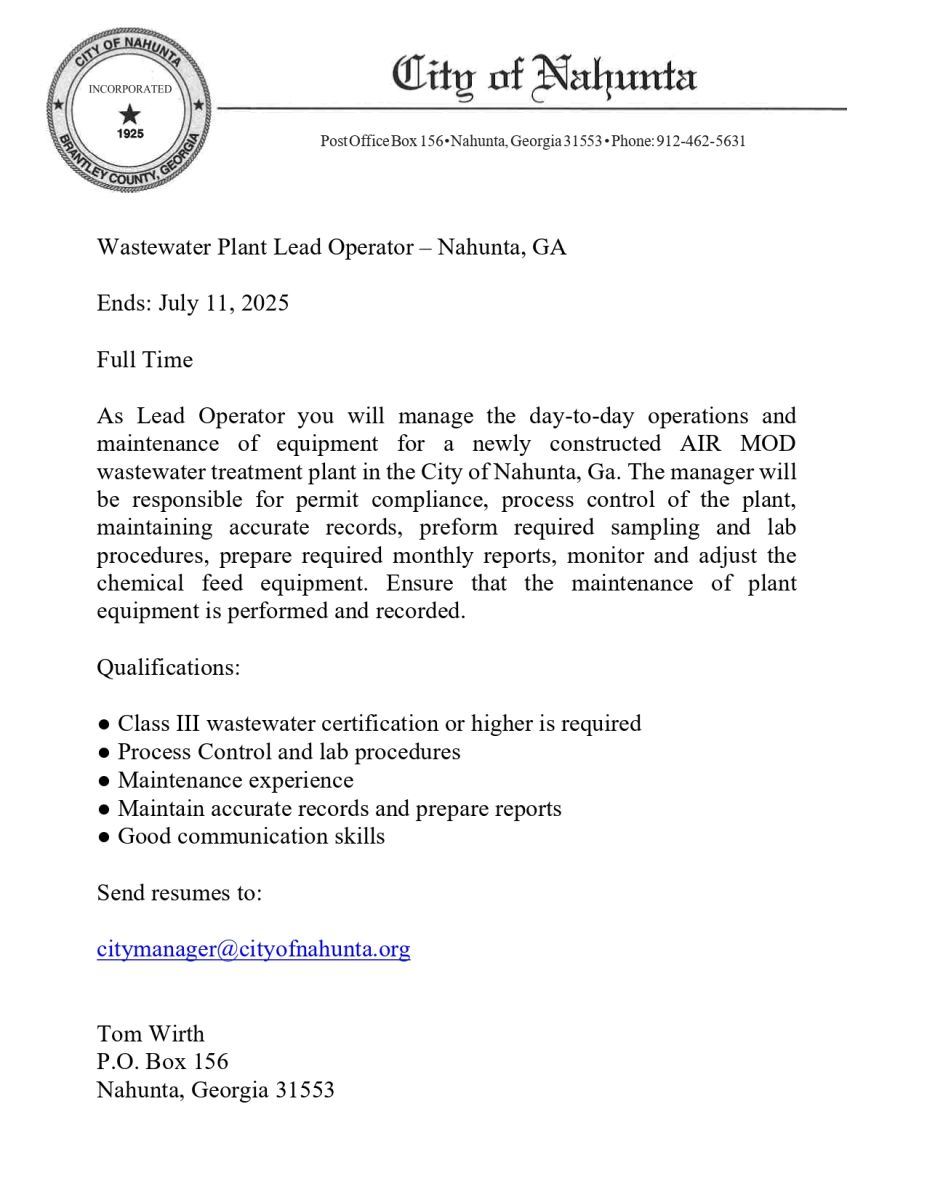 job list for Wastewater Plant Lead Operator